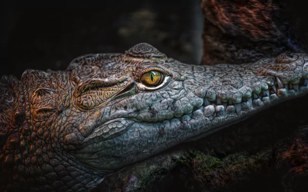 Close-up HD image of a reptile's eye and sharp fangs, showcasing detailed crocodile teeth and textured skin in a dark, natural setting.