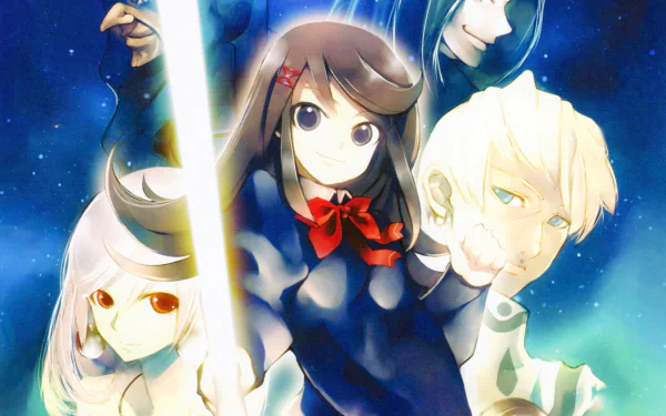 yellow eyes smile red eyes bow (Clothing) cloak blue hair blonde short hair black hair brown hair long hair Anime Original HD Desktop Wallpaper | Background Image