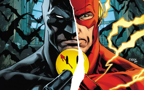 HD PC desktop wallpaper/background: Comic art from Batman/The Flash: The Button - split portrait of Batman and the Flash, Flash holding the blood-stained yellow Watchmen smiley button amid lightning.