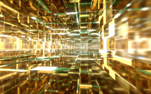 A bright, abstract HD desktop wallpaper showcasing a 3D tunnel made of yellow square tiles created in Blender.