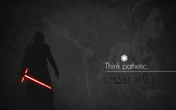 HD wallpaper featuring a dark, silhouetted figure with a red lightsaber and text Think pathetic from Star Wars: The Last Jedi, set against a gritty background with an image of Rey.