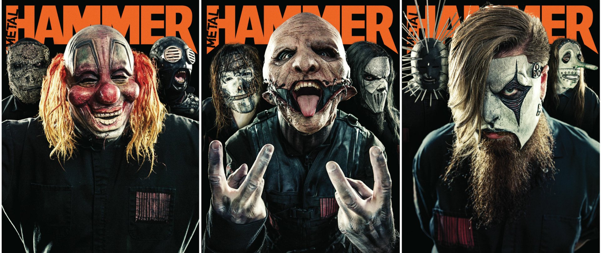HD PC desktop wallpaper featuring the nu metal band Slipknot with heavy and industrial metal themes, showcasing band members in iconic masks against a bold Metal Hammer background.