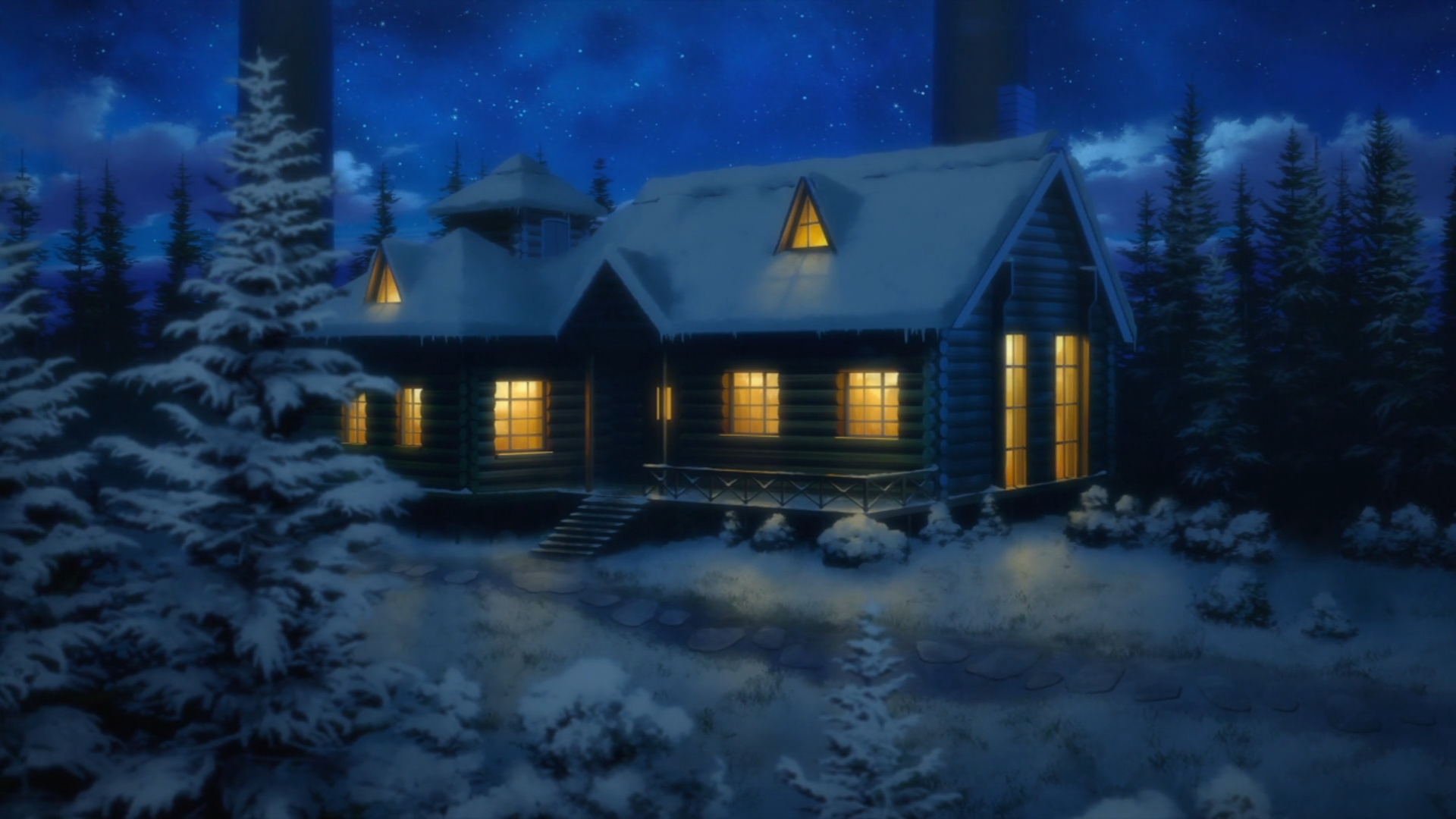 HD desktop wallpaper of a cozy wooden cabin surrounded by snow-covered trees under a starry night, inspired by the anime Sword Art Online. Warm yellow lights glow from the windows reflecting comfort and tranquility.