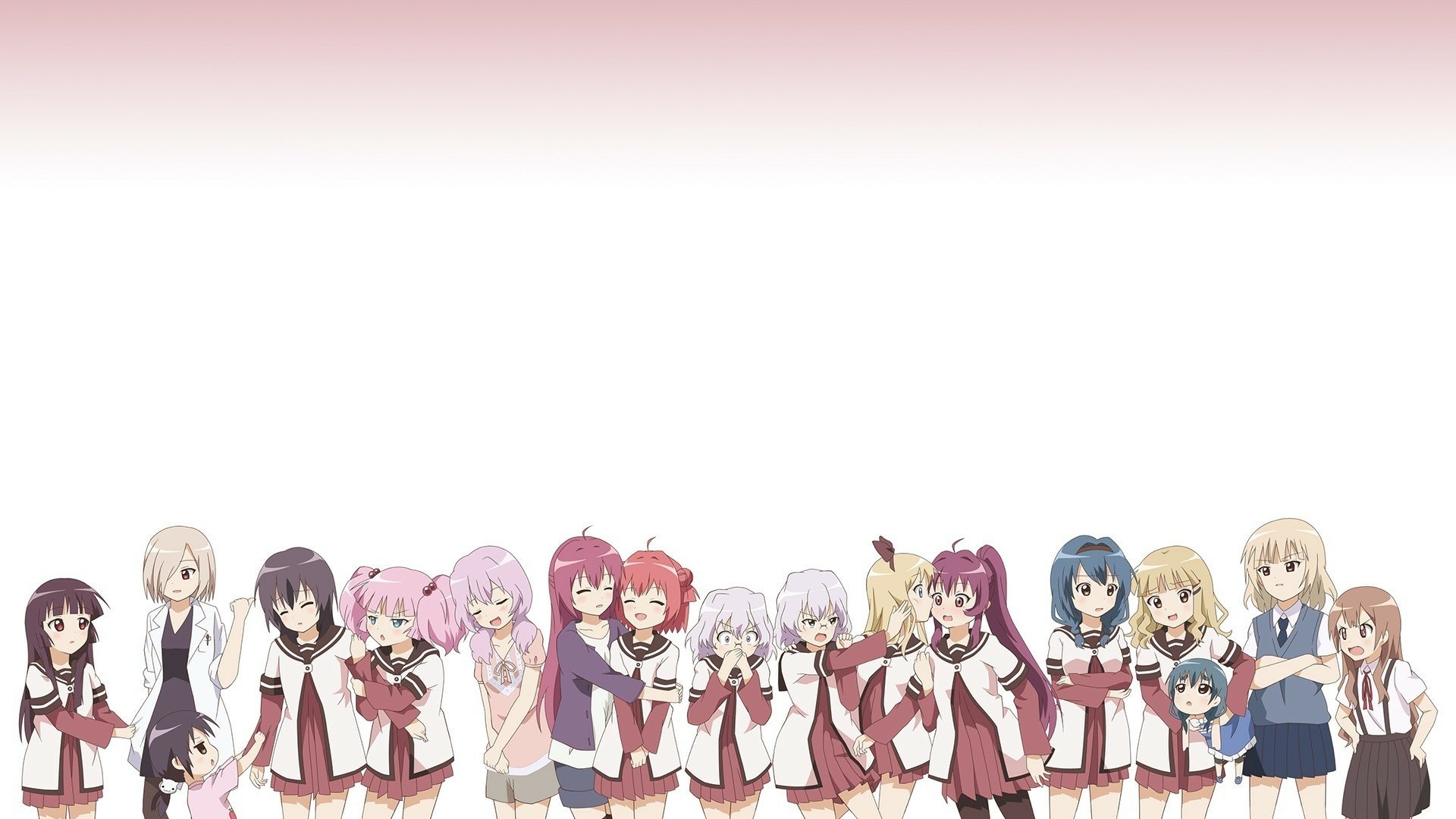 HD PC desktop wallpaper of the YuruYuri anime cast in school uniforms, lined up and smiling across a clean white background.