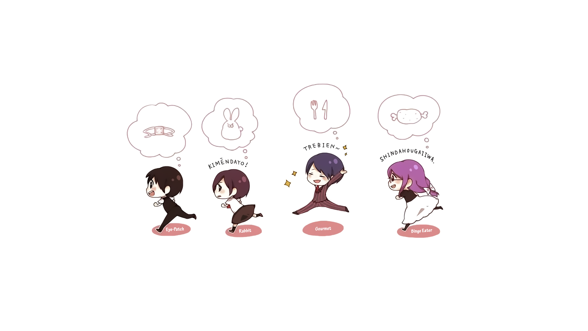 Chibi-style anime characters from Tokyo Ghoul depicted with thought bubbles showing food items, presented as an HD PC desktop wallpaper and background.