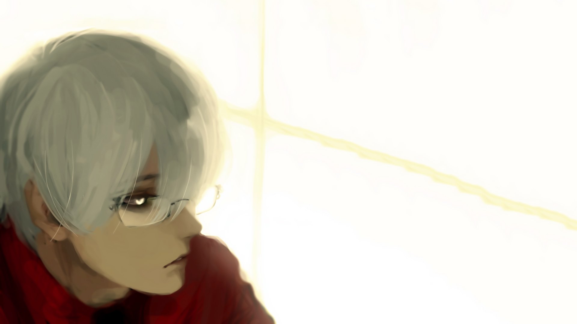 HD desktop wallpaper of Kishou Arima from Tokyo Ghoul, featuring white hair, white eyes, and glasses against a bright background.