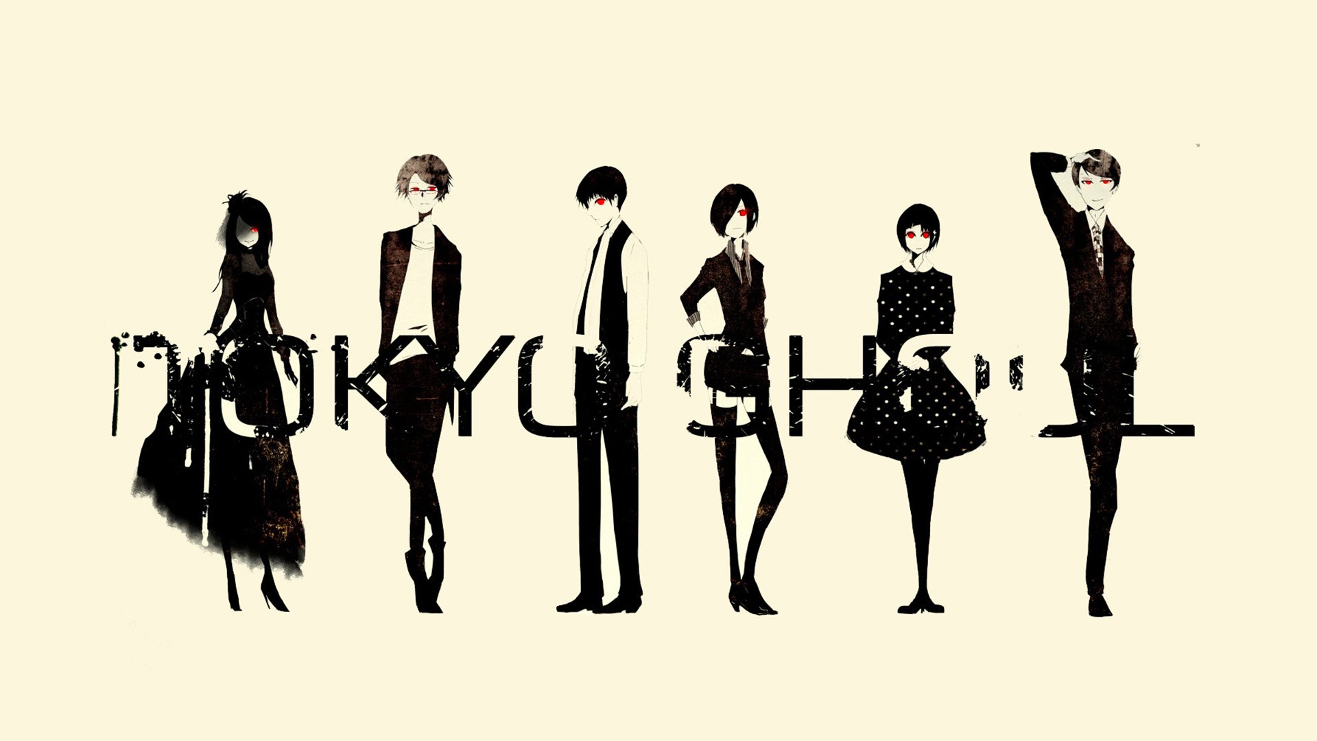 HD desktop wallpaper featuring characters from Tokyo Ghoul, including Nishiki Nishio, Rize Kamishiro, Ken Kaneki, Touka Kirishima, Shū Tsukiyama, and Hinami Fueguchi on a minimalist background.
