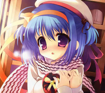 gift blush hat scarf bow (Clothing) purple eyes blue hair short hair Anime Original HD Desktop Wallpaper | Background Image