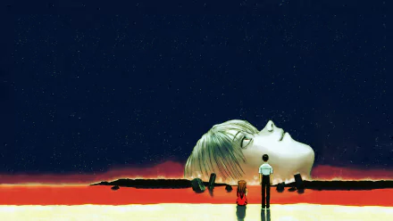 HD desktop wallpaper from Neon Genesis Evangelion featuring Asuka Langley Sohryu and Shinji Ikari standing in front of a colossal head at sunset, inspired by End of Evangelion.