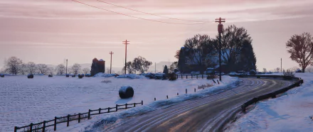 Snow-covered North Yankton scene from Grand Theft Auto V — HD PC desktop wallpaper showing an icy country road, fences, barns, power poles and frosted fields at dawn.