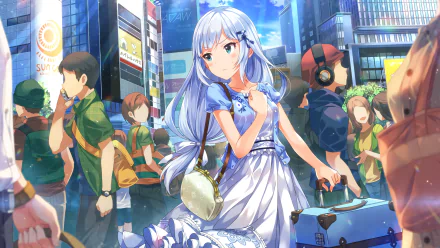 HD PC desktop wallpaper featuring Tsumugi Shiraishi from THE iDOLM@STER: Million Live! standing in a vibrant, bustling city street at night.