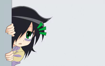 HD PC desktop wallpaper featuring Tomoko Kuroki from the anime Watamote, peeking from the left side with a shy expression on a light gray background.