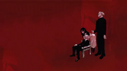 A striking HD wallpaper featuring Yakumo Oomori, Ken Kaneki, and Rize Kamishiro from the anime Tokyo Ghoul, set against a dramatic red background.