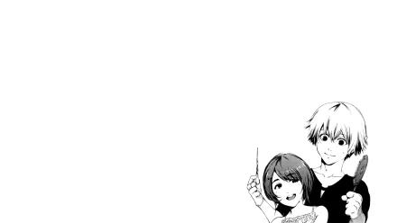 HD desktop wallpaper featuring Ken Kaneki and Hinami Fueguchi from Tokyo Ghoul. The black and white anime image shows the two characters standing together, creating a minimalist background.
