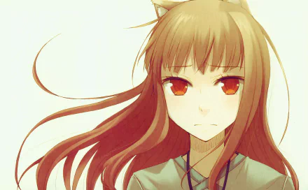 HD anime desktop wallpaper featuring Holo from Spice & Wolf with flowing hair and intense amber eyes, capturing the character's serene yet determined expression.