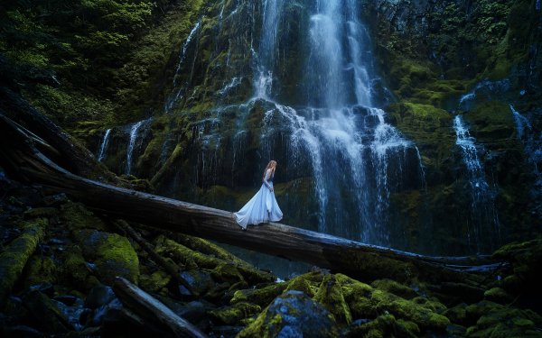 Mujeres Estado de ánimo Cascada Bosque Log Blue Dress Alicia en el país de las maravillas Fondo de pantalla HD | Fondo de Escritorio