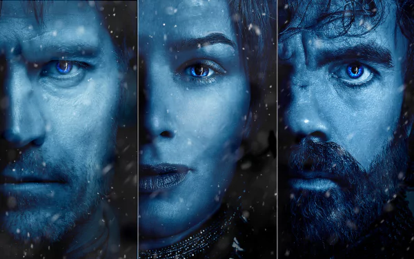 4K Ultra HD PC wallpaper featuring close-up portraits of Cersei, Jaime, and Tyrion Lannister from the TV show Game of Thrones in a snowy, blue-toned scene.