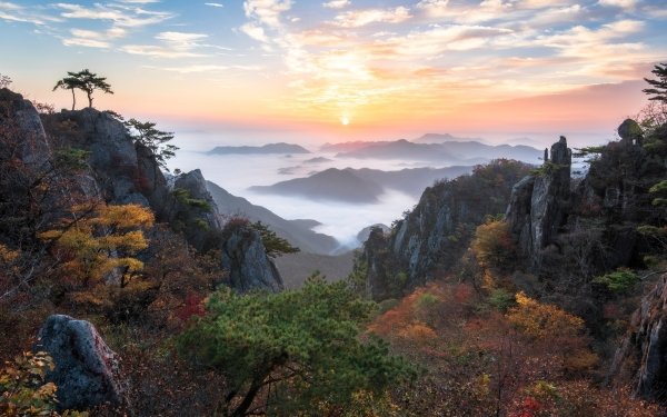 Nature Landscape Valley Sunset Fall Fog Daedunsan Korea Horizon HD Wallpaper | Background Image