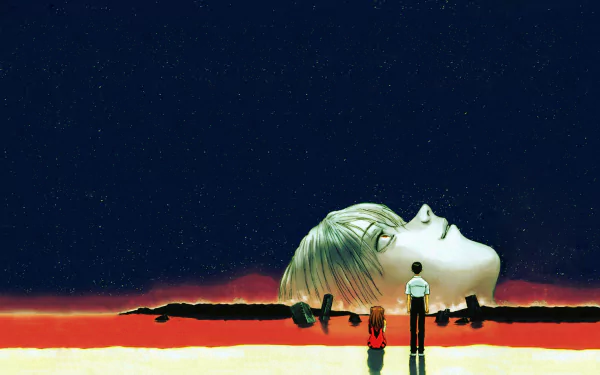 HD desktop wallpaper from Neon Genesis Evangelion featuring Asuka Langley Sohryu and Shinji Ikari standing in front of a colossal head at sunset, inspired by End of Evangelion.