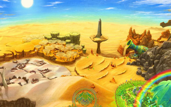 HD desktop wallpaper featuring the vibrant world of Ever Oasis with a desert landscape, a lush oasis, and a clear sky.
