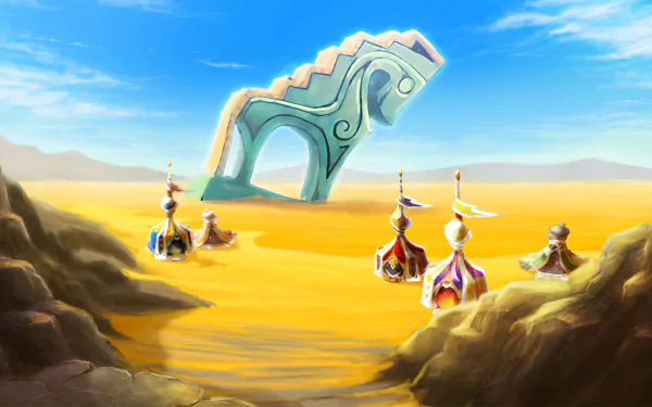 HD desktop wallpaper from Ever Oasis featuring characters traversing a desert with a monumental structure in the background.