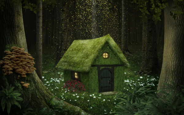 Artistic Fantasy House Forest Green Flower Mushroom HD Wallpaper | Background Image