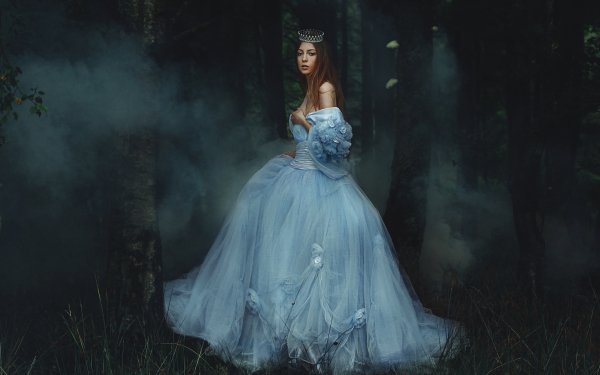 Women Artistic Fairy Tale Forest Fog Crown Blue Dress HD Wallpaper | Background Image