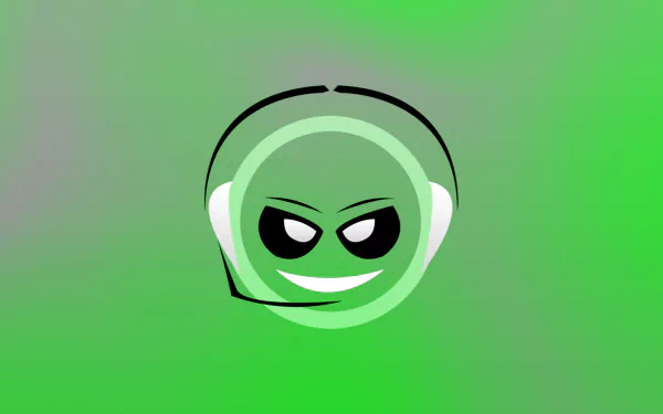 Artistic green smiley logo with headphones on a smooth gradient background, designed as an HD PC desktop wallpaper.