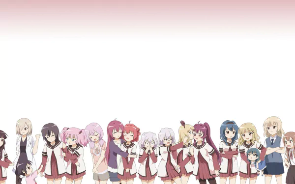 HD PC desktop wallpaper of the YuruYuri anime cast in school uniforms, lined up and smiling across a clean white background.