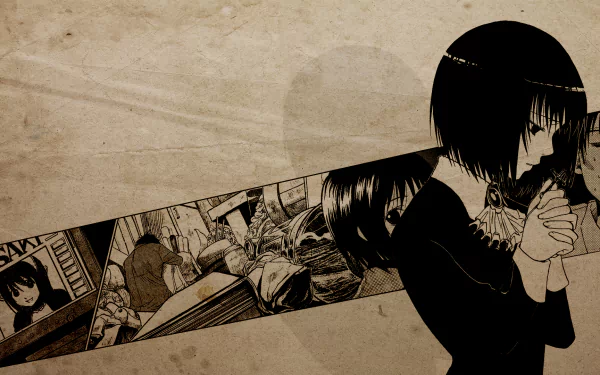 HD PC desktop wallpaper and background from the anime Welcome to the N.H.K.: sepia scene of a dark-haired girl clutching a doll, with a diagonal strip of manga panels behind her.