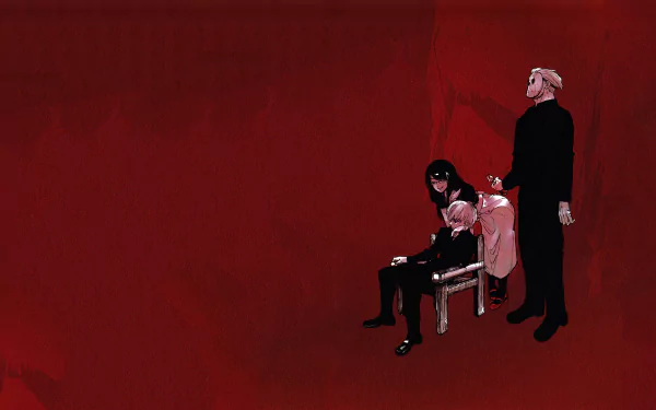 A striking HD wallpaper featuring Yakumo Oomori, Ken Kaneki, and Rize Kamishiro from the anime Tokyo Ghoul, set against a dramatic red background.