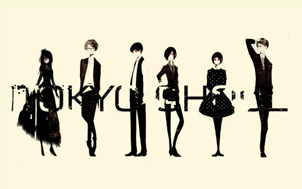 HD desktop wallpaper featuring characters from Tokyo Ghoul, including Nishiki Nishio, Rize Kamishiro, Ken Kaneki, Touka Kirishima, Shū Tsukiyama, and Hinami Fueguchi on a minimalist background.