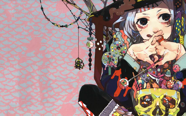 HD anime desktop wallpaper featuring Juuzou Suzuya from Tokyo Ghoul, showcasing vibrant colors and detailed character design against a patterned pink background.