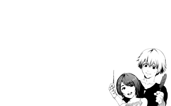 HD desktop wallpaper featuring Ken Kaneki and Hinami Fueguchi from Tokyo Ghoul. The black and white anime image shows the two characters standing together, creating a minimalist background.