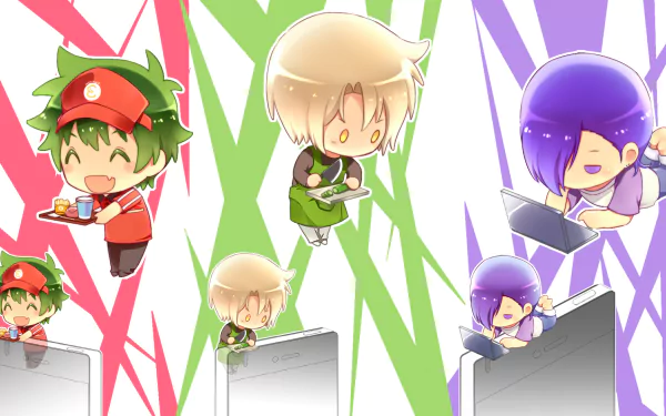 HD PC desktop wallpaper featuring chibi-style characters Hanzō Urushihara, Sadao Maou, and Shirō Ashiya from the anime The Devil Is a Part-Timer!.