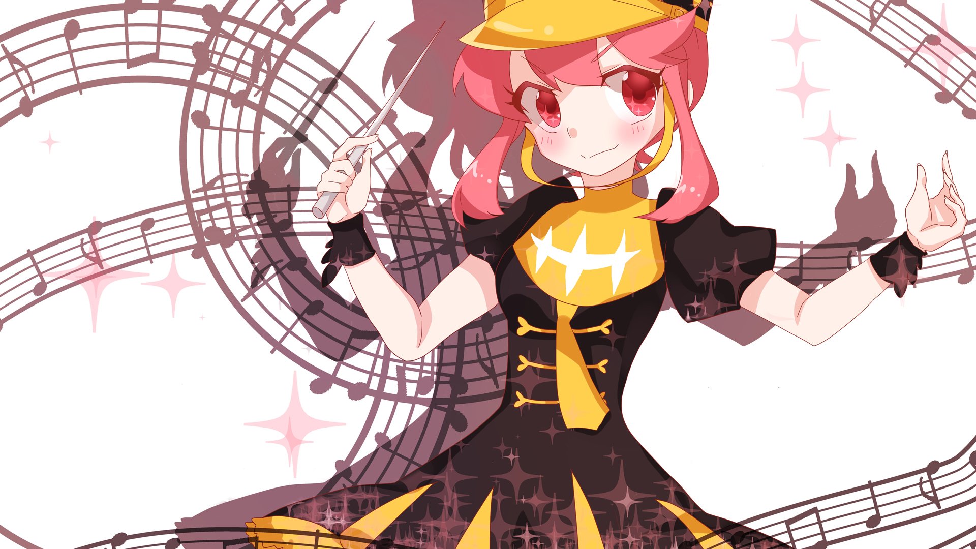 HD desktop wallpaper of Nonon Jakuzure from Kill La Kill, featuring her in a dynamic pose with musical notes and sparkles in the background.