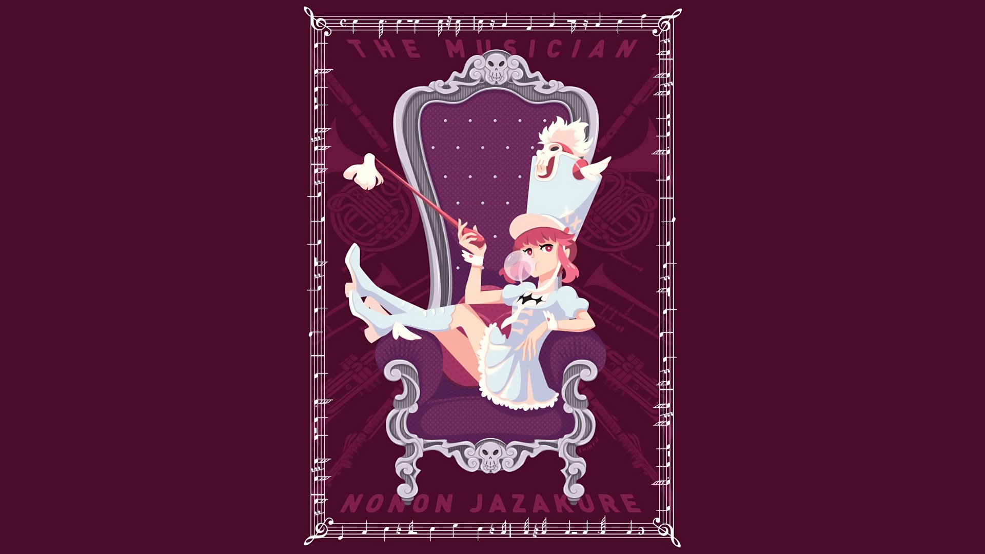 HD PC desktop wallpaper and background of Nonon Jakuzure from Kill La Kill: anime-style illustration of her in a magician outfit lounging on an ornate throne against a deep maroon backdrop.