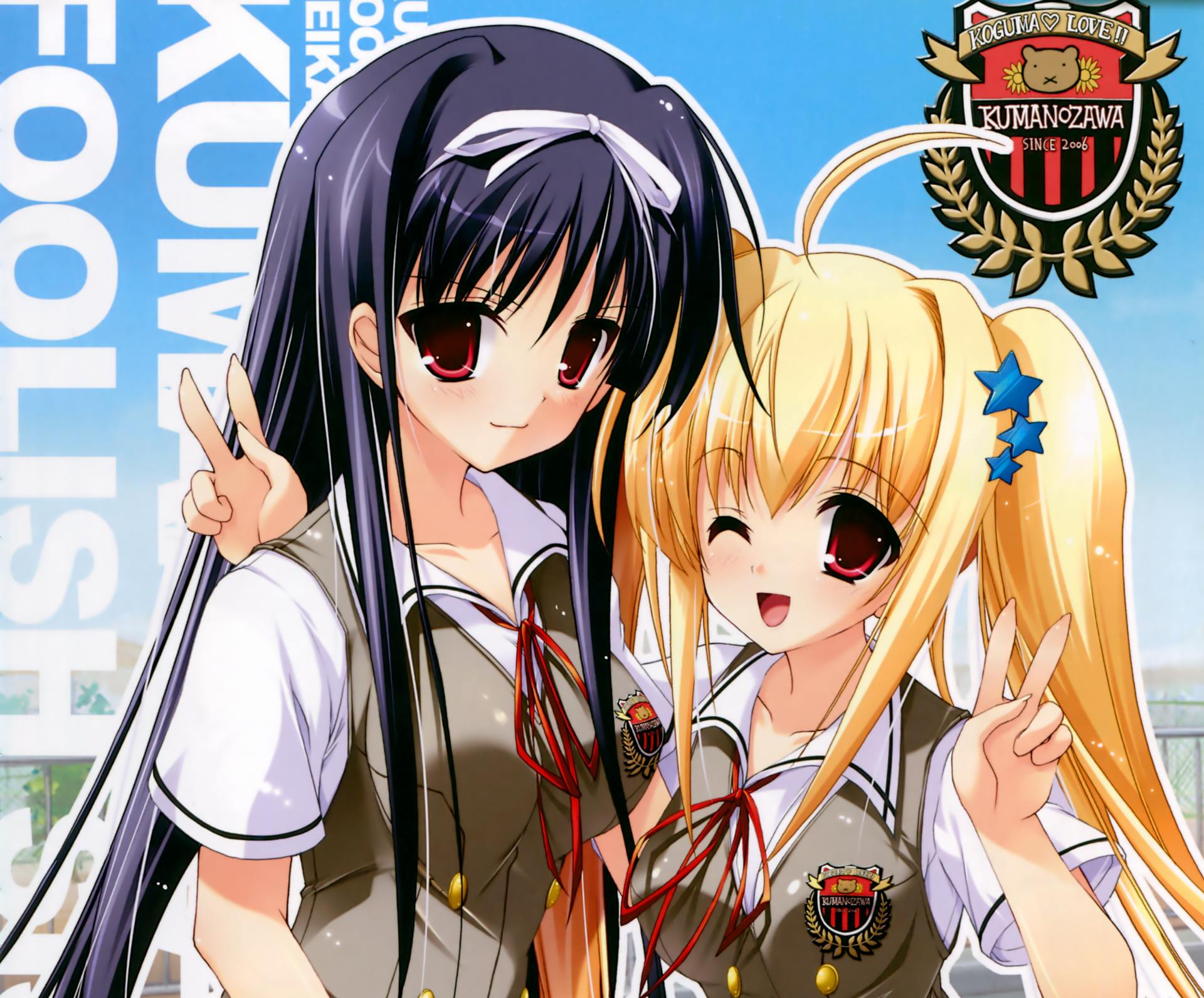 Download Bow (Clothing) Black Hair Blush Smile Wink Red Eyes Blonde Long Hair Anime Original HD Wallpaper by Misakura Nankotsu