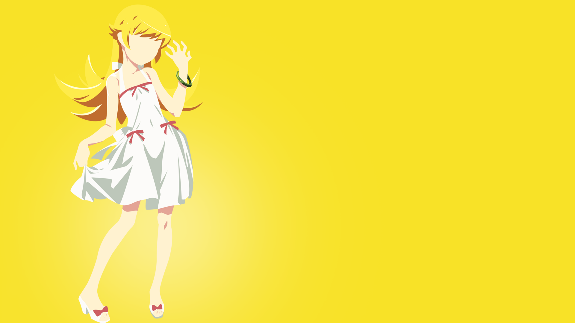 4K Ultra HD anime wallpaper of Shinobu Oshino from the Monogatari series, featuring her in a white dress against a bright yellow background.