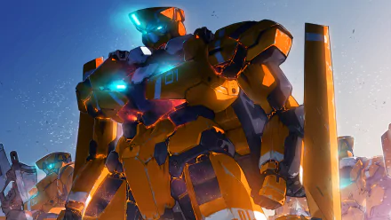 HD anime desktop wallpaper depicting a detailed, glowing orange mecha from Aldnoah.Zero against a bright blue sky background.