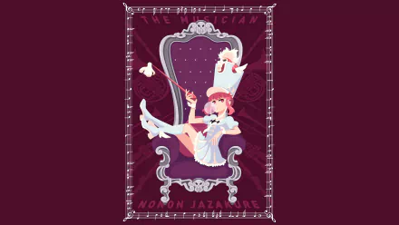 HD PC desktop wallpaper and background of Nonon Jakuzure from Kill La Kill: anime-style illustration of her in a magician outfit lounging on an ornate throne against a deep maroon backdrop.
