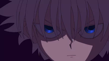 HD desktop wallpaper featuring Killua Zoldyck from the anime Hunter x Hunter, showcasing a close-up of his intense expression under a dark background.