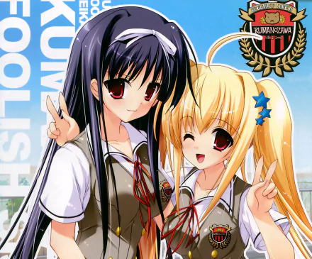 bow (Clothing) black hair blush smile wink red eyes blonde long hair Anime Original HD Desktop Wallpaper | Background Image