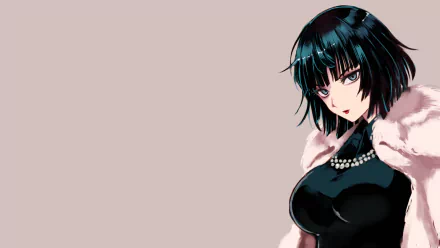 HD desktop wallpaper featuring a stylish anime character from One-Punch Man with black hair in a bob cut, wearing a black outfit and a white fur coat, set against a plain beige background.