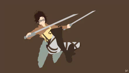HD anime desktop wallpaper of Hange Zoë in action from Attack on Titan, featuring dynamic pose with dual blades on a plain brown background.