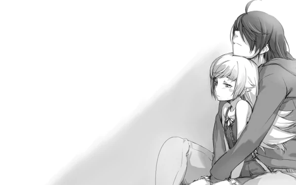 Black and white anime-style HD PC desktop wallpaper from the Monogatari series, featuring two characters sitting closely with a serene and contemplative atmosphere.