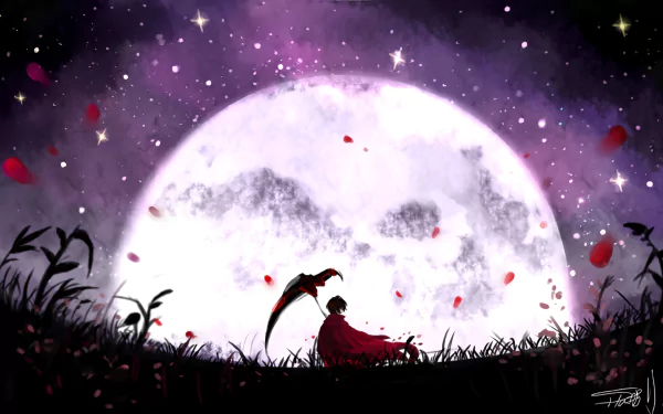 A stunning HD desktop wallpaper featuring an anime-inspired scene from RWBY, showcasing a silhouette against a large moon, surrounded by petals and a captivating night sky.