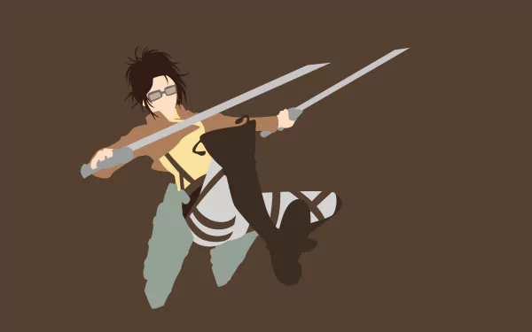 HD anime desktop wallpaper of Hange Zoë in action from Attack on Titan, featuring dynamic pose with dual blades on a plain brown background.