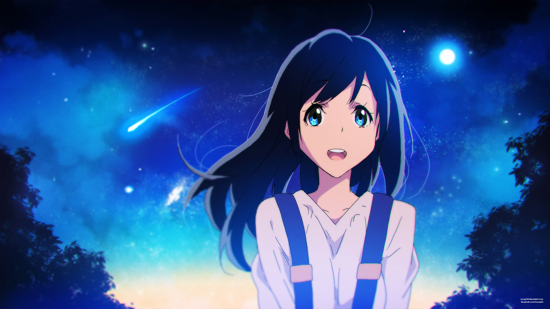 Download Night Sky Blue Eyes Long Hair Moon Comet Anime Original HD  Wallpaper by Tom Skender