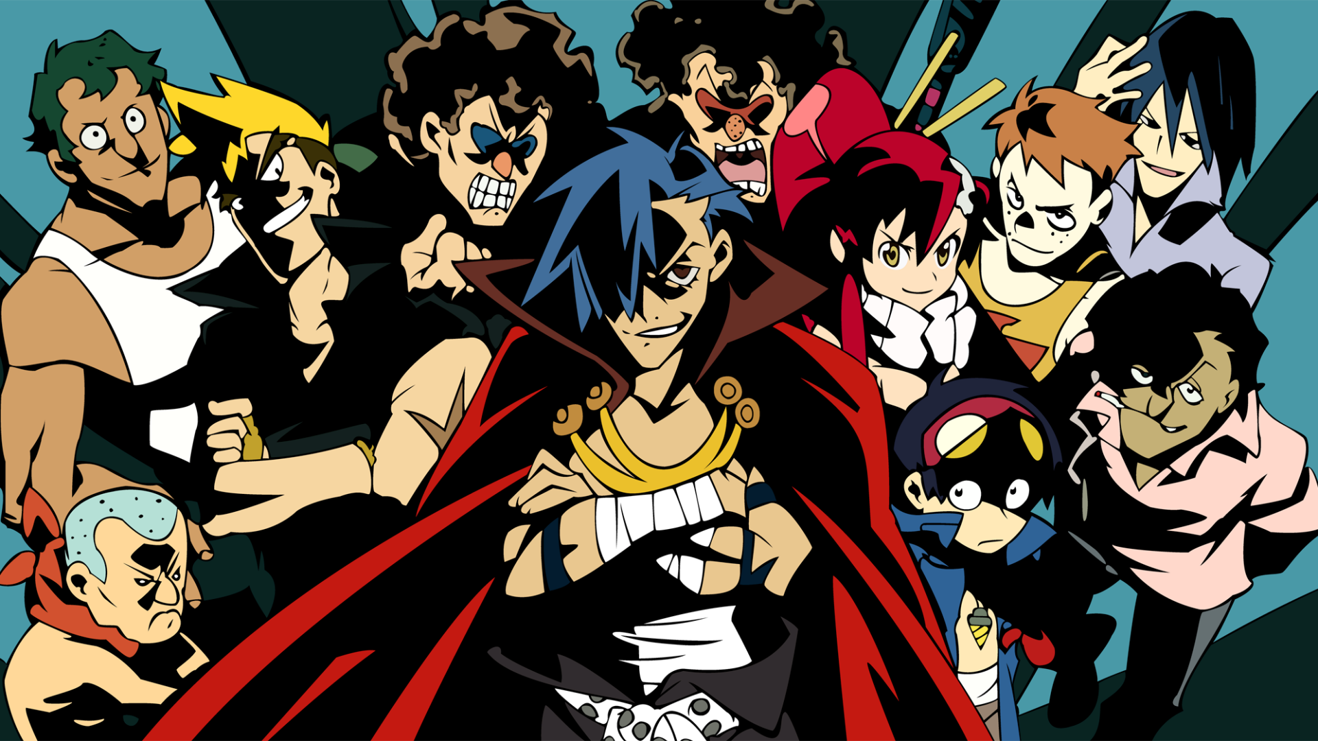 HD PC desktop wallpaper featuring dynamic characters from the anime Tengen Toppa Gurren Lagann in bold, vibrant colors and energetic poses.